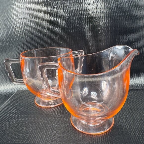 Vintage Pink Depression Glass Sugar And Creamer Set 2 Glassware Bright Orange - Picture 1 of 12